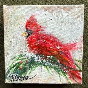 Hand Painted Artist Signed Cardinal Winter Painting 6” X 6” Rare Art Red Bird